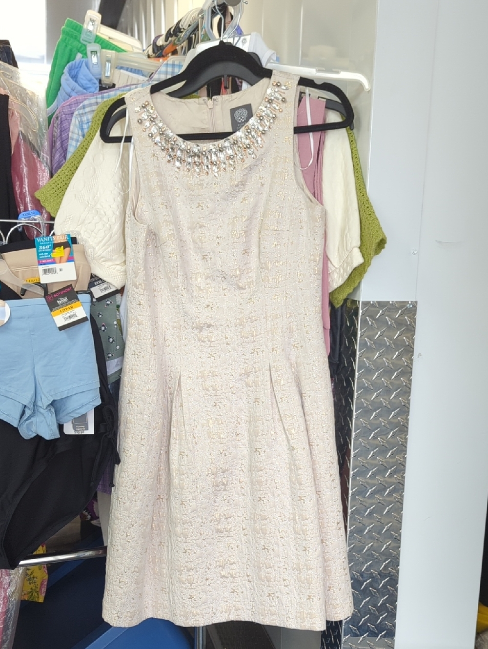 Vince Camuto Strapless Textured Cocktail Dress with Beaded Neckline - Picture 2 of 6